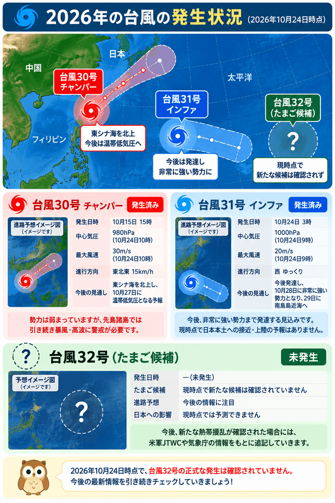 2026年10月24日時点の台風30号・31号・32号の発生状況を比較した図解。台風32号は未発生
