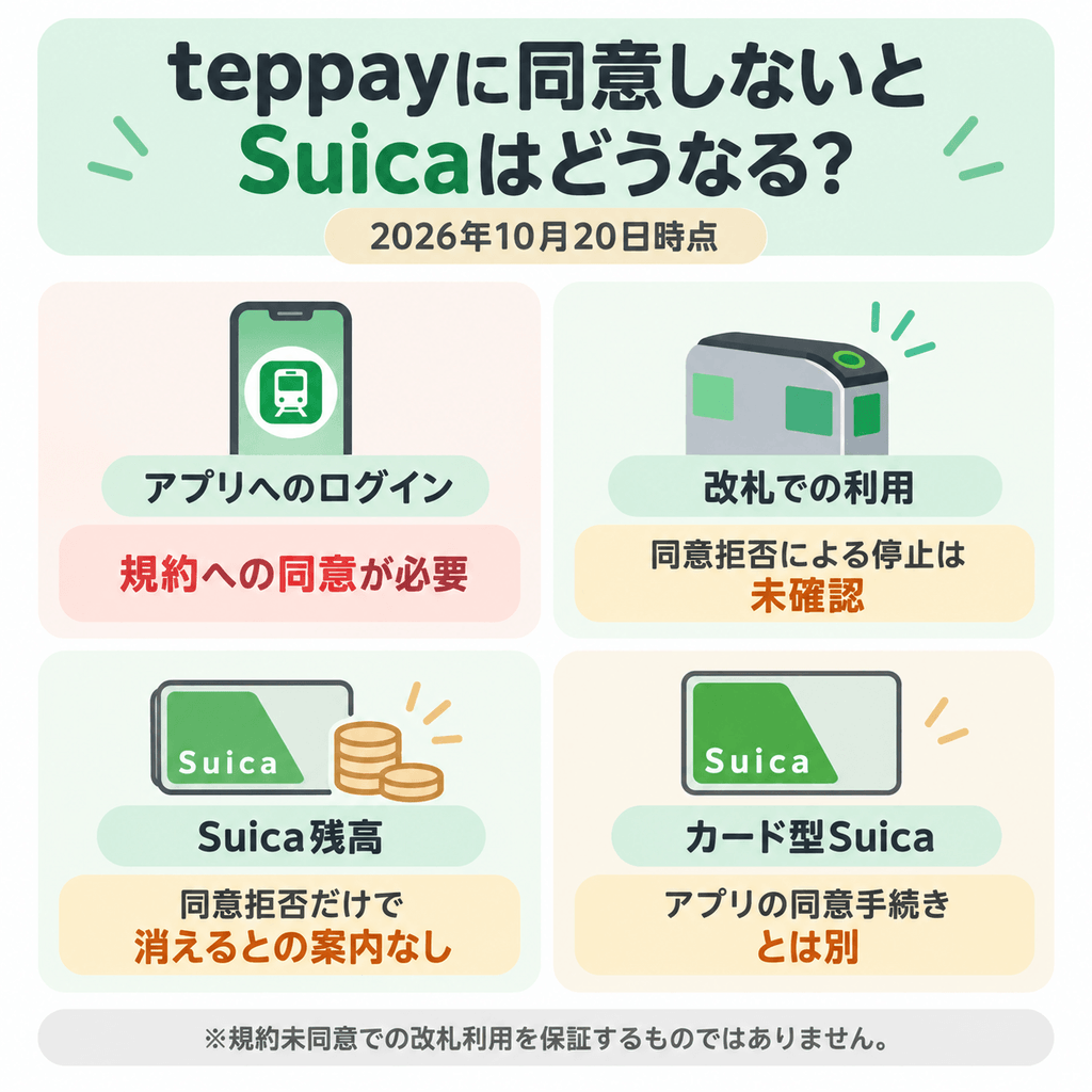 teppayに同意しない場合のSuicaへの影響を比較した図解。アプリへのログイン、改札利用、残高、カード型Suicaについて解説。