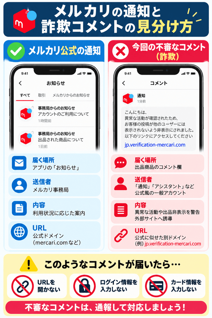 メルカリ公式通知と詐欺コメントの見分け方を比較した図解