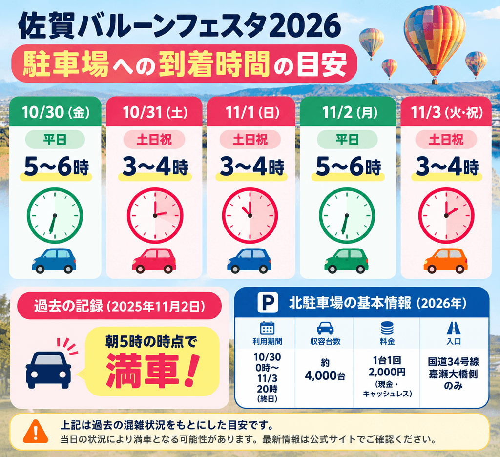 佐賀バルーンフェスタ2026の駐車場到着時間の目安と過去の満車状況