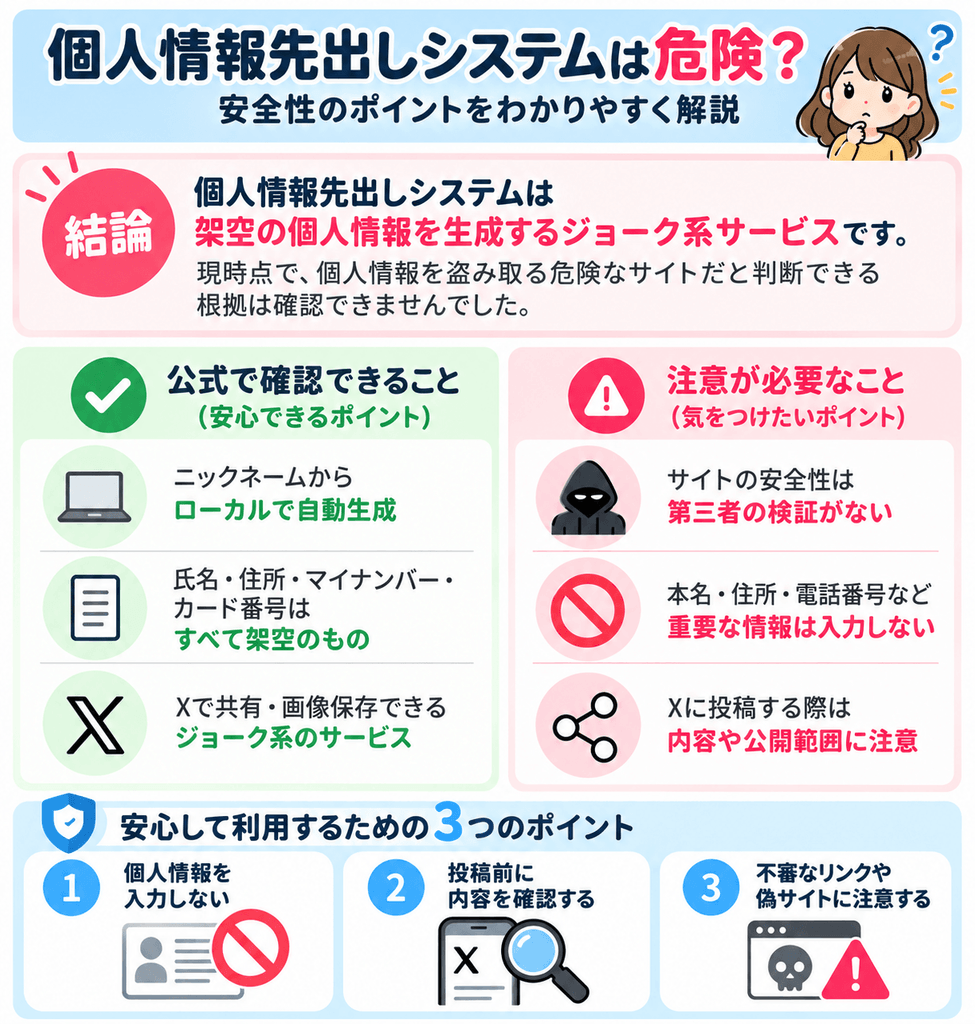 個人情報先出しシステムの危険性と安全性、架空データの仕組みや利用時の3つの注意点をまとめた図解